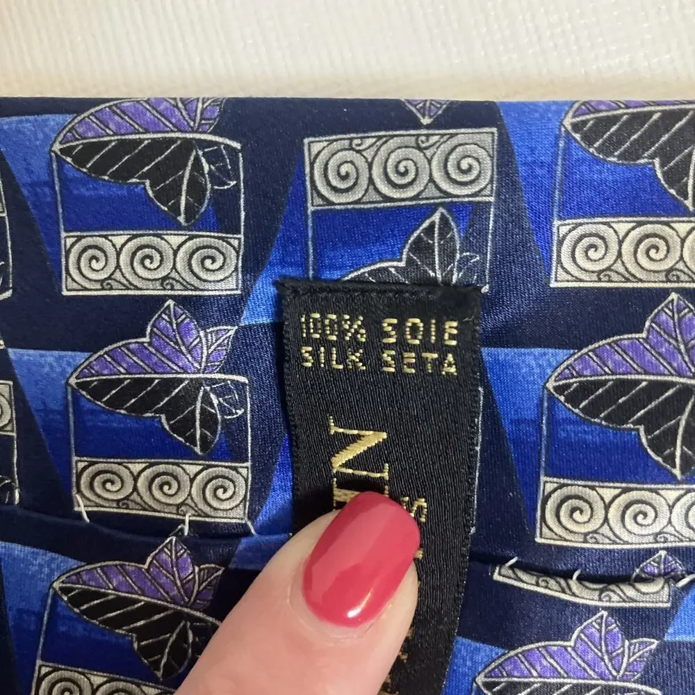 Lanvin‎ Paris Mens Silk Tie Blue Purple Geometric Leaf Made in France Designer